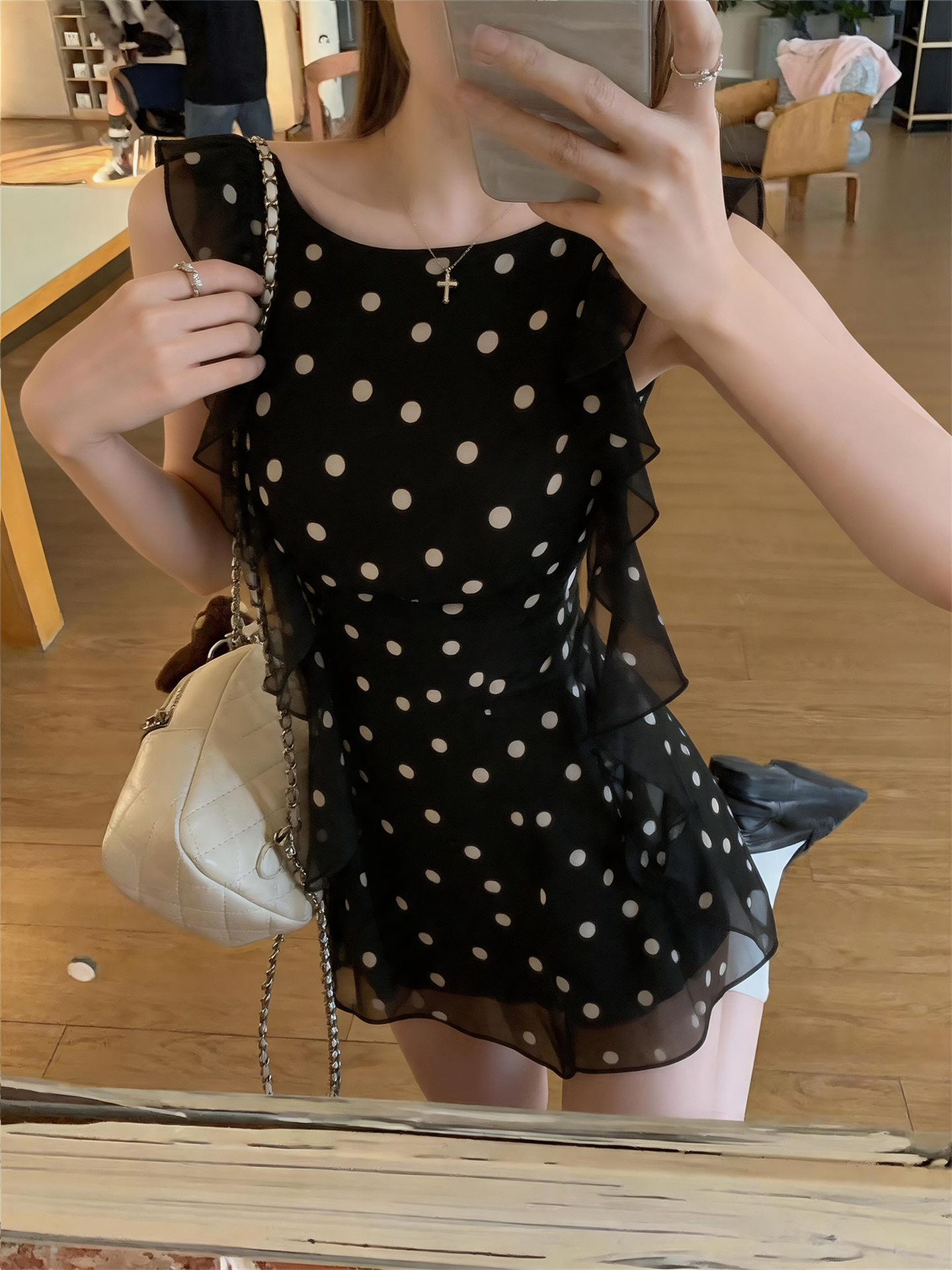 Black Polka Dot Ruffle A-Line Dress with Ribbon Sleeveless - Image 3
