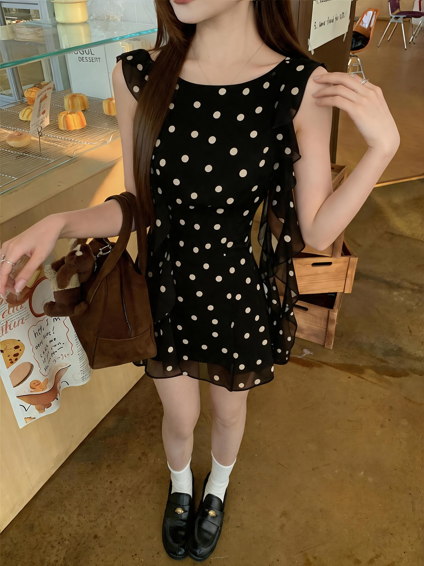 Black Polka Dot Ruffle A-Line Dress with Ribbon Sleeveless - Image 4
