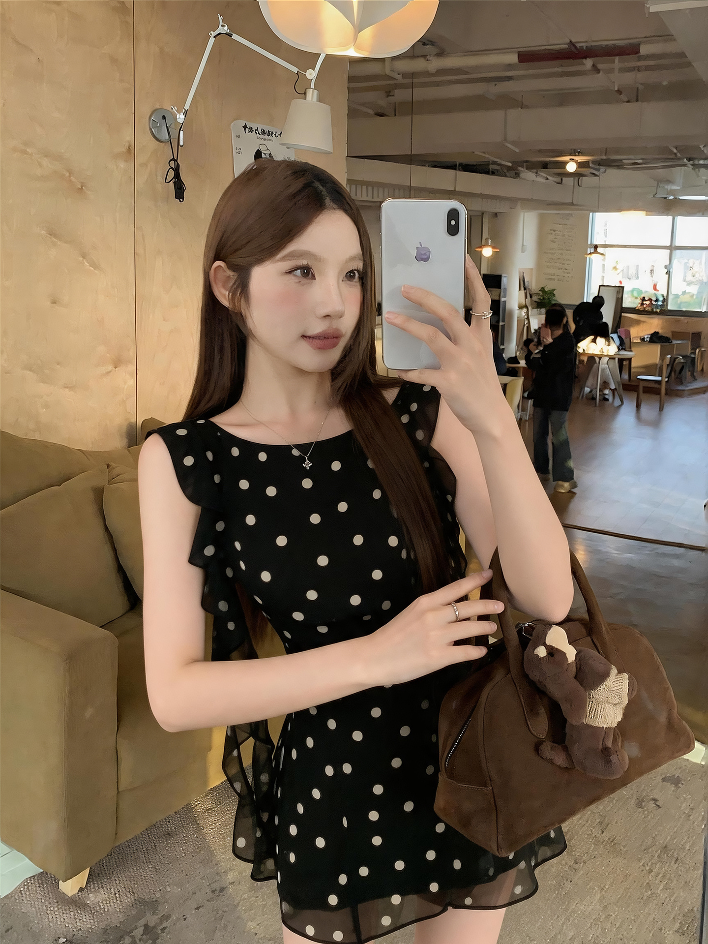 Black Polka Dot Ruffle A-Line Dress with Ribbon Sleeveless - Image 2