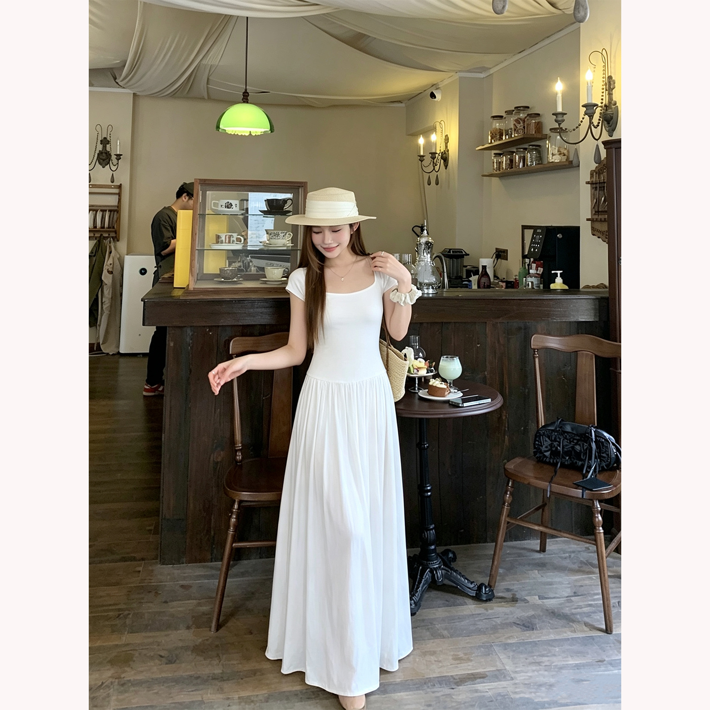 Sweet Square Neck Fitted A-Line Long Dress