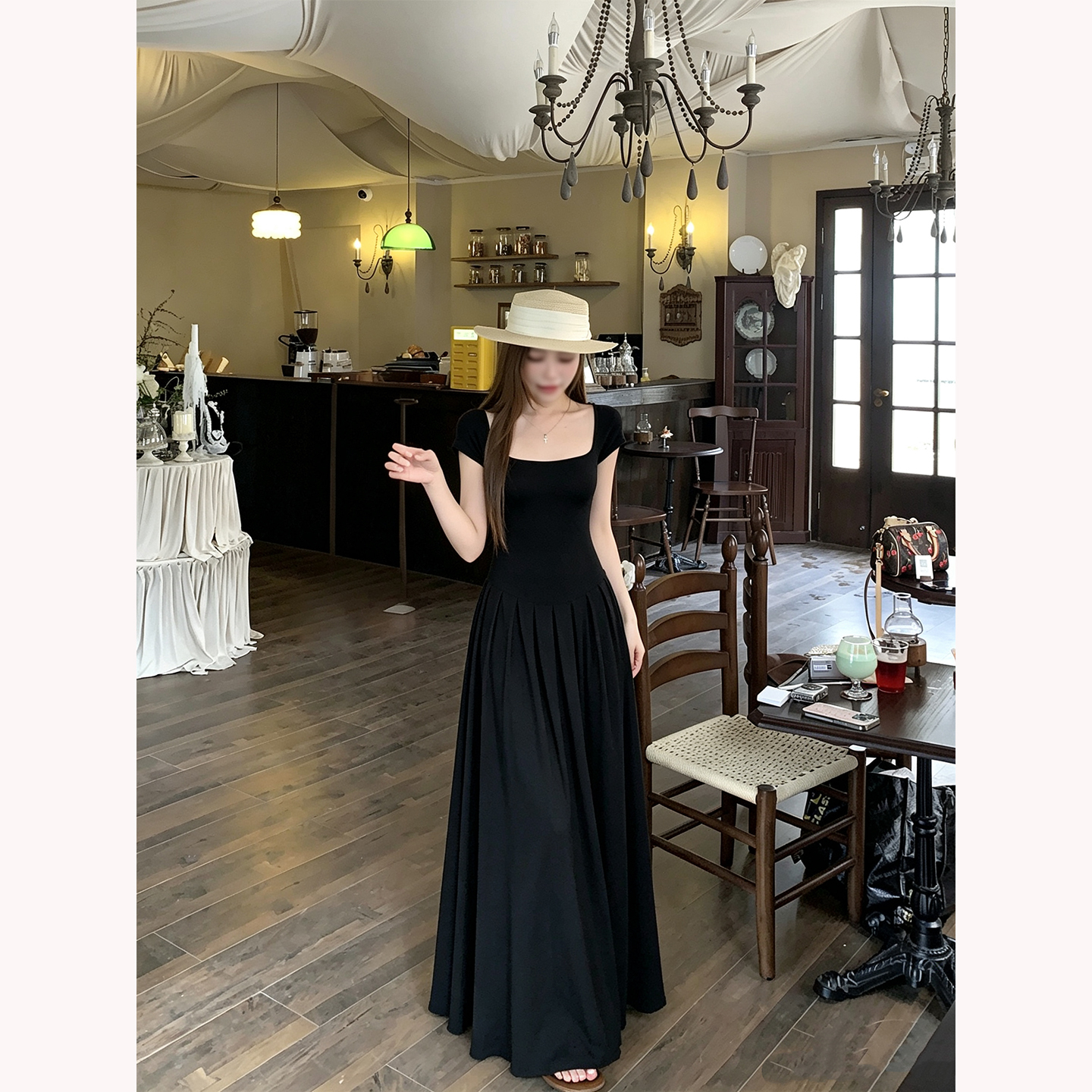 Sweet Square Neck Fitted A-Line Long Dress - Image 2