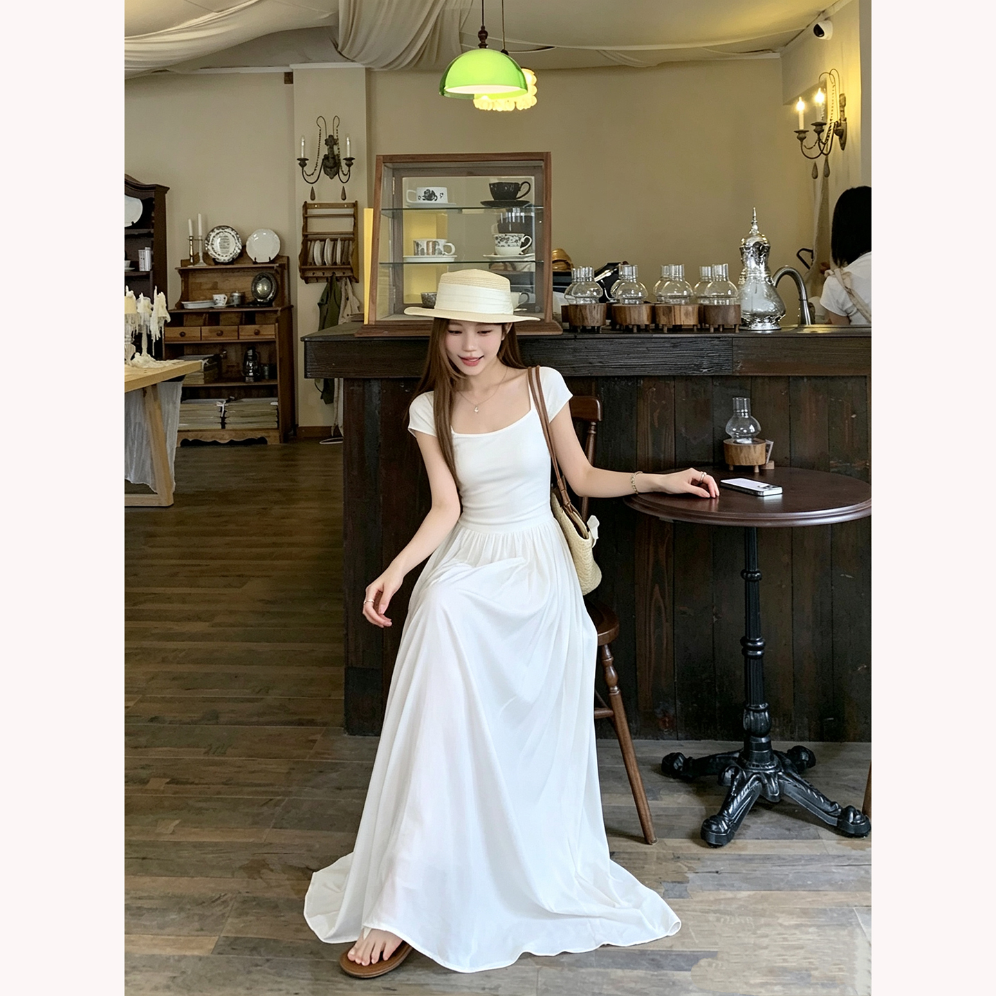 Sweet Square Neck Fitted A-Line Long Dress - Image 3