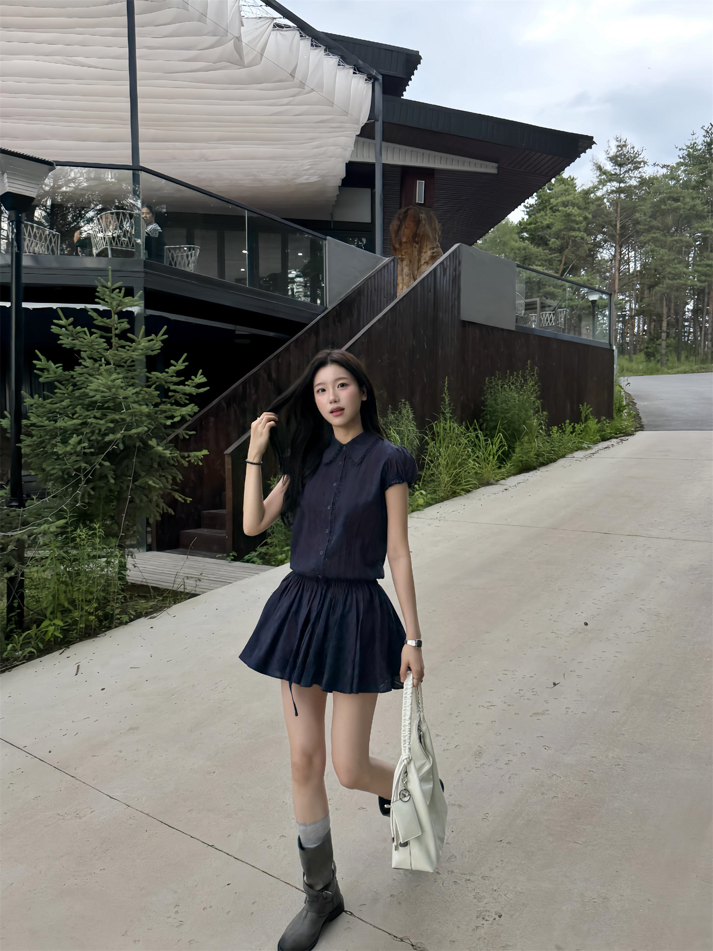 Sweet Navy Polo Collar A-Line Dress for Petite Women - Image 3