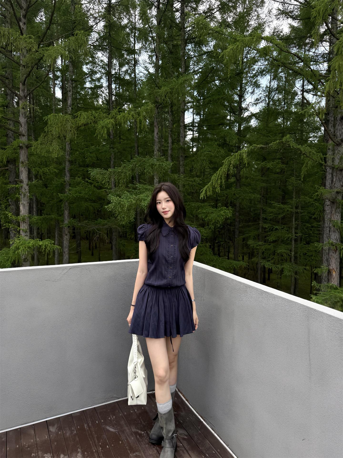 Sweet Navy Polo Collar A-Line Dress for Petite Women - Image 2