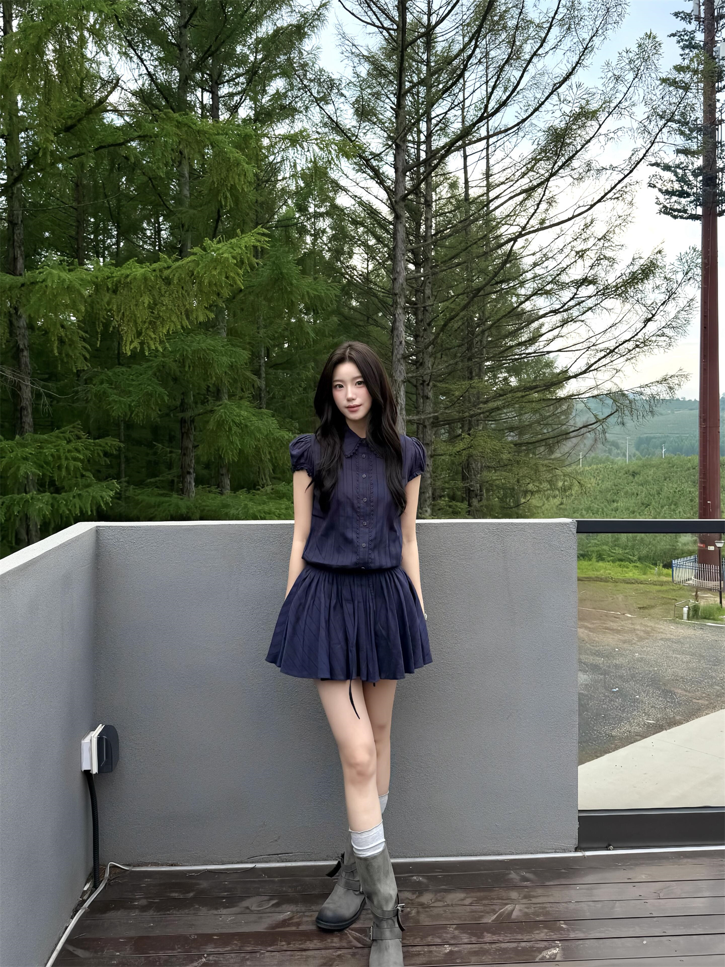 Sweet Navy Polo Collar A-Line Dress for Petite Women