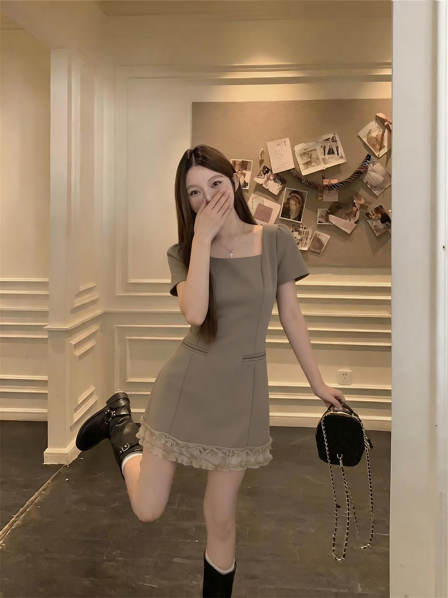 Sweet Ruffle Trim Faux Two Piece A Line Dress for Petite Women - Image 2