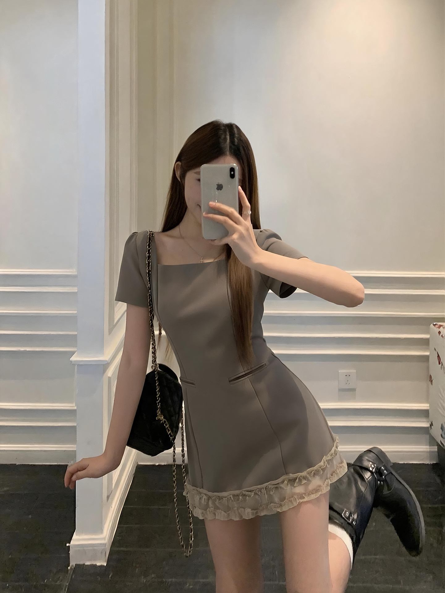 Sweet Ruffle Trim Faux Two Piece A Line Dress for Petite Women - Image 3