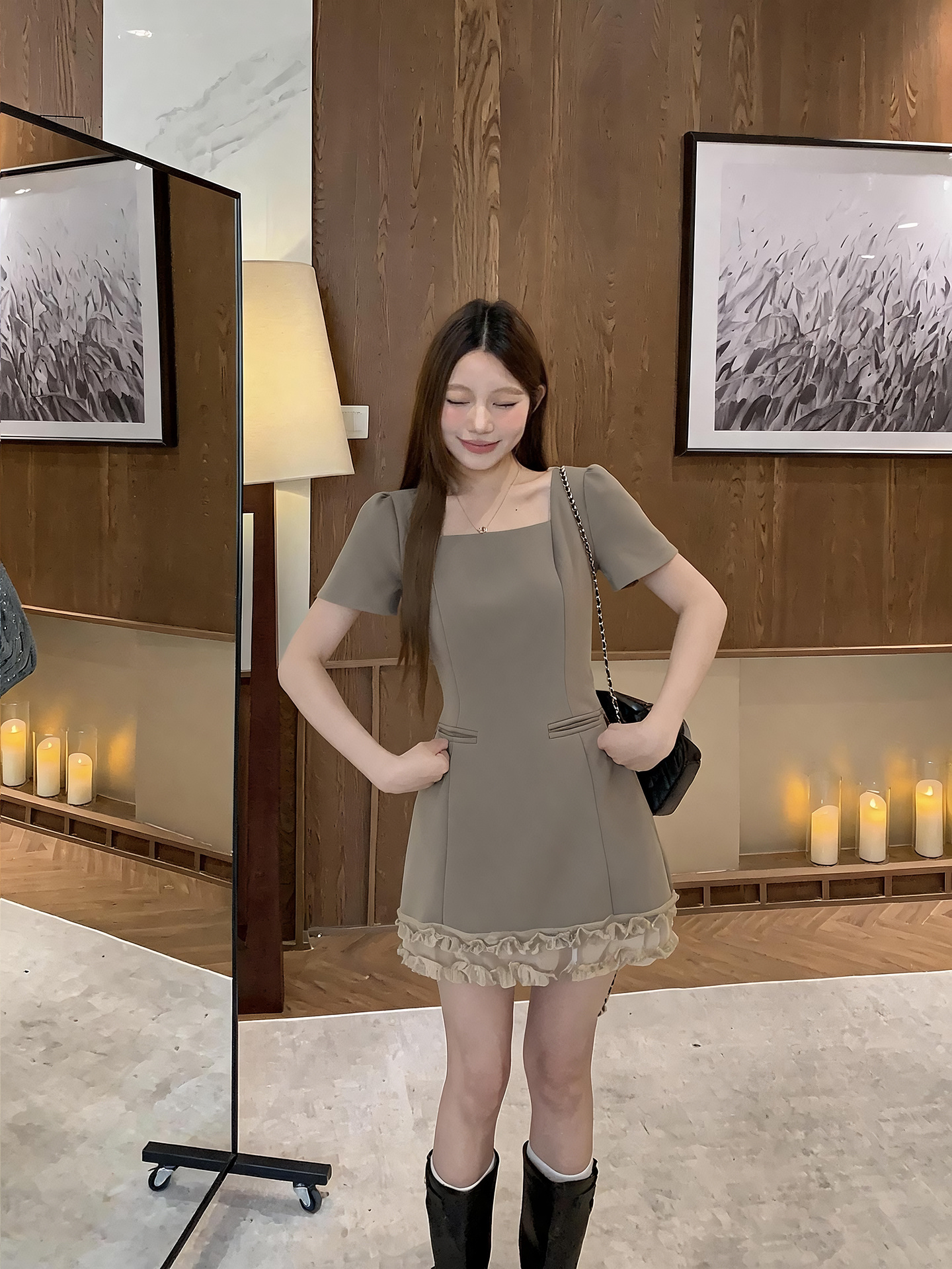 Sweet Ruffle Trim Faux Two Piece A Line Dress for Petite Women - Image 4