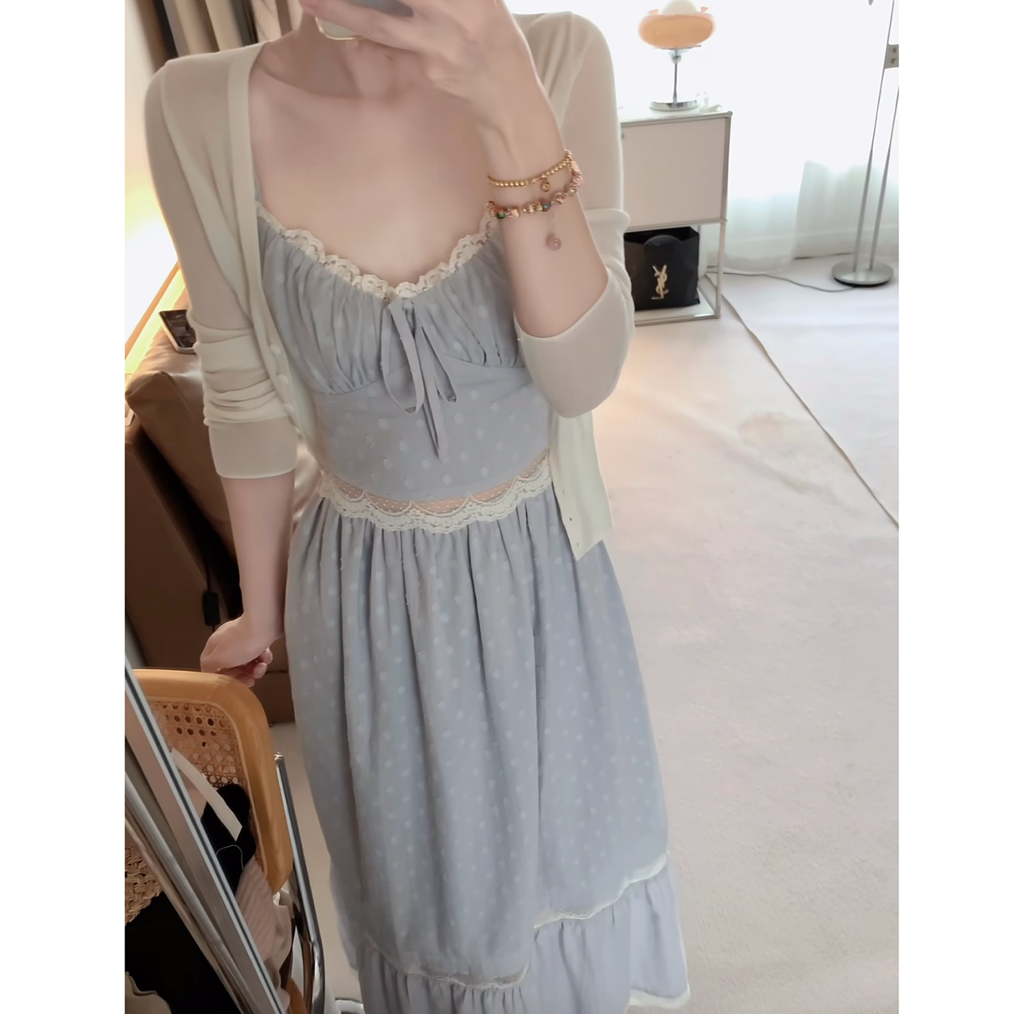 Early Autumn Knit Cardigan and Lace Spliced Tiered Cami Dress Set - Image 3