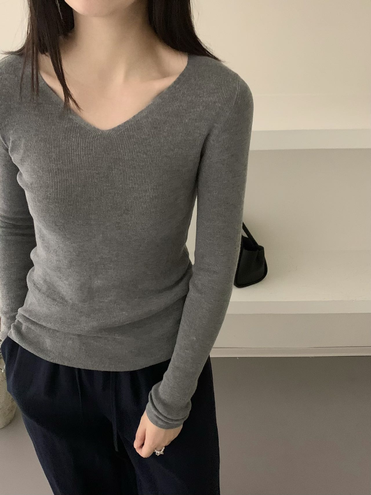 Solid V-Neck Long Sleeve Fine Knit Sweater for Women